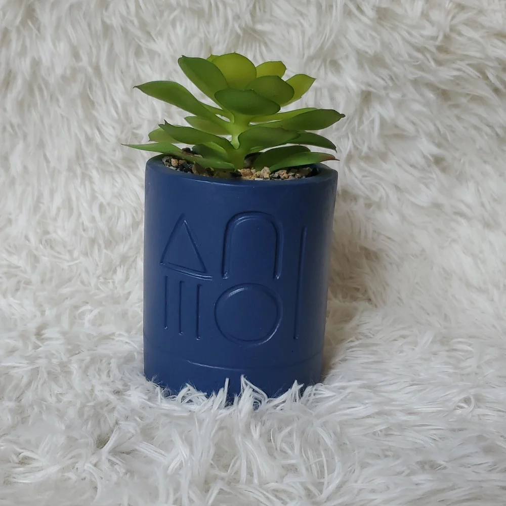 Navy Blue Southwestern Plant Pot Native American Symbols Faux Succulent Plant